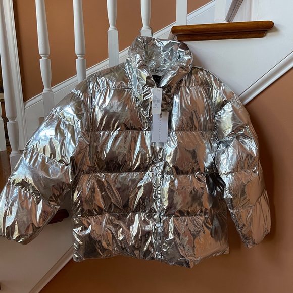 Anthropologie NWT stunning SZ XS metallic silver belted puffer coat/jacket - Picture 2 of 11